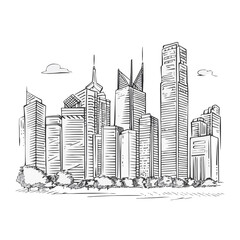 City graphic black white cityscape skyline sketch long illustration vector