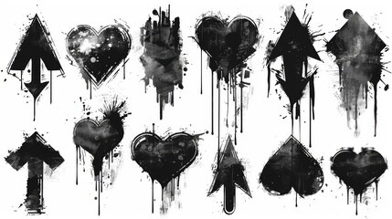 Graffiti spray set with arrows, dots, diamonds, hearts, and symbols. Insignias on white background for banners, decorations, street art, and advertisements. - obrazy, fototapety, plakaty