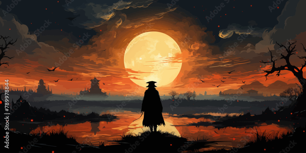 Poster wizard of crows casting a spell in the mysterious field with solar eclipse, digital art style, illus