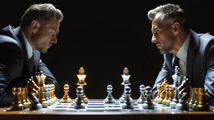 Two businessman play chess use gold and silver chess Piece hite to crash overthrow. Business strategy for win concept. Generative AI. - obrazy, fototapety, plakaty