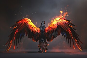 Bring a mythical phoenix to life in a modern and striking manner from behind, utilizing unexpected angles and a sleek, minimalist approach with digital rendering techniques - obrazy, fototapety, plakaty