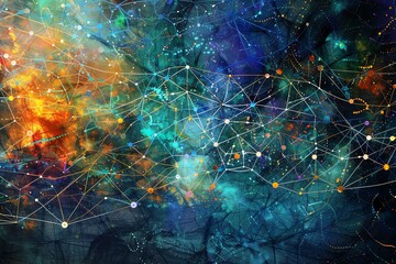 Blend the complexity of Blockchain Technology into an Impressionist masterpiece, depicting interconnected networks with soft, blended colors and ethereal light effects - obrazy, fototapety, plakaty