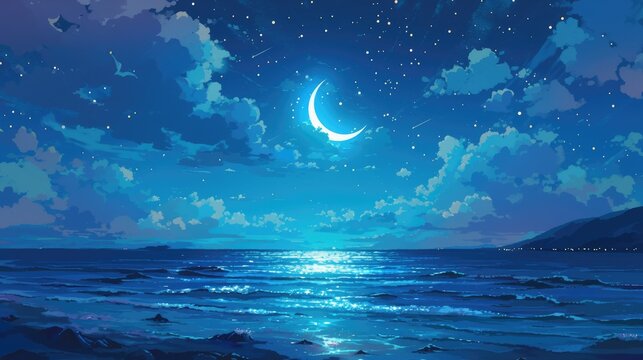 A captivating 2d cartoon showcases a midnight seascape featuring a dark sky adorned with a moon stars and drifting clouds The scene unfolds with an ocean stretching into the distance its coa