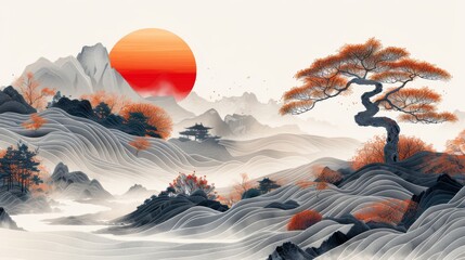 Japanese line art pattern design with mountains, trees, red sun and clouds. Chinese wallpaper, prints, covers and decorations.