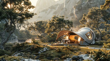 Bring together the unexpected marriage of Futuristic Technologies and Wilderness Camping in a panoramic setting Picture a futuristic campsite surrounded by nature, incorporating surprising camera pers - obrazy, fototapety, plakaty