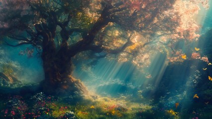 A big tree in the forest with shining sunlight 