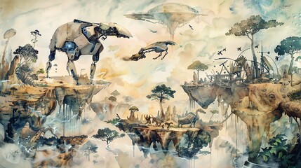 Bring to life a surreal landscape of robotic wildlife in a high-angle watercolor painting, portraying unexpected perspectives that blur the line between reality and fantasy