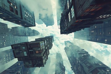 Capture a low-angle view of a cityscape intertwining surreal elements--floating buildings, twisted streets--with a dystopian vibe Experiment with unexpected camera angles to enhance the mysterious atm - obrazy, fototapety, plakaty