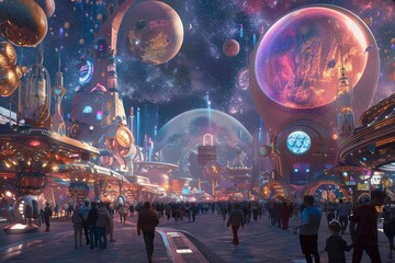 Capture a mesmerizing panoramic view of a bustling Cultural Festival set against the backdrop of Space Exploration Utilize vibrant colors and intricate details to bring this futuristic scene to life i