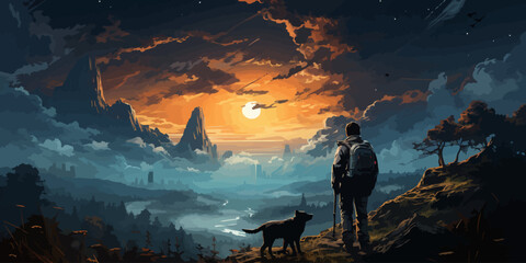 young hiker with backpack and a dog standing on the rock and looking at stars in the night sky, digital art style, illustration painting - obrazy, fototapety, plakaty