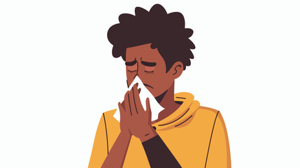 Young ill Black man blows his nose in a handkerchief - obrazy, fototapety, plakaty