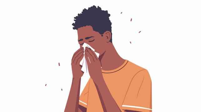 Young ill Black man blows his nose in a handkerchief