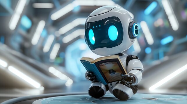 Capture the charm of a little cute smart robot engrossed in reading a book against a futuristic, wide-angle view backdrop, blending technology-themed elements using digital rendering techniques