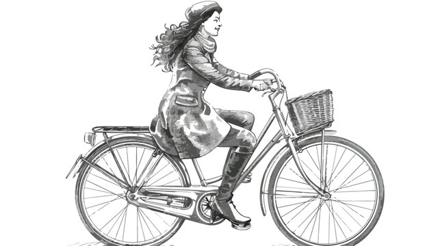 Young lady dressed in elegant clothes riding city bike