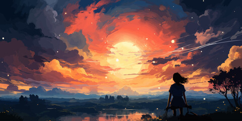 young woman sitting on a bench against beautiful sky, digital art style, illustration painting - obrazy, fototapety, plakaty