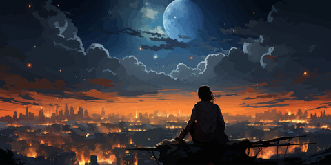 young woman with a glowing umbrella sitting on top of the building against the starry sky, digital art style, illustration painting