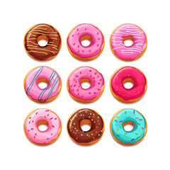 Fototapeta premium Donuts with different color frosting icon set vector. Colorful doughnuts collection isolated on a white background. Donut with chocolate, pink, colorful glaze illustration