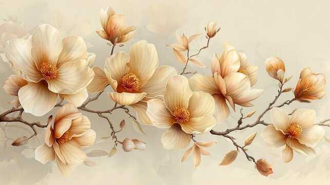 Elegant gold blossom flowers illustration suitable for fabric, prints, covers. Watercolor background with magnolia, line art, tree branch, leaves, foliage.