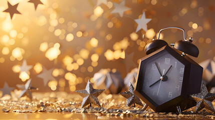 A black plastic New Years clock made of geometric shapes stands on the mantelpiece. surrounded by silver stars. The background is gold with a soft gradient effect. 