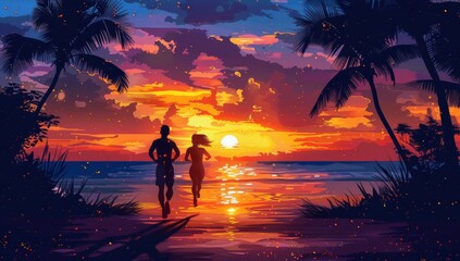 A couple jogging at sunset on a tropical beach with palm trees, capturing the silhouette against a vibrant sky, depicting fitness and romanticism. - obrazy, fototapety, plakaty