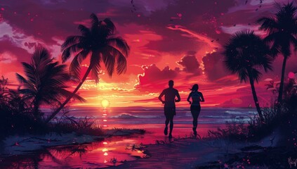 A couple jogging at sunset on a tropical beach with palm trees, capturing the silhouette against a vibrant sky, depicting fitness and romanticism. - obrazy, fototapety, plakaty