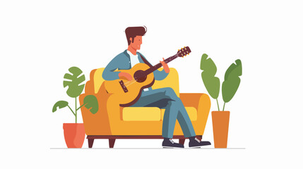 Young man learns to play the guitar online in sofa 