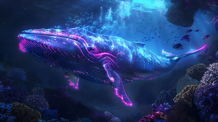 A blue whale with glowing pink and purple stripes swimming in the deep ocean. surrounded by coral reefs illuminated from above. The scene is captured in a hyperrealistic style