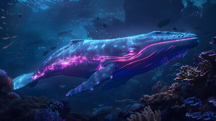 A blue whale with glowing pink and purple stripes swimming in the deep ocean. surrounded by coral reefs illuminated from above. The scene is captured in a hyperrealistic style