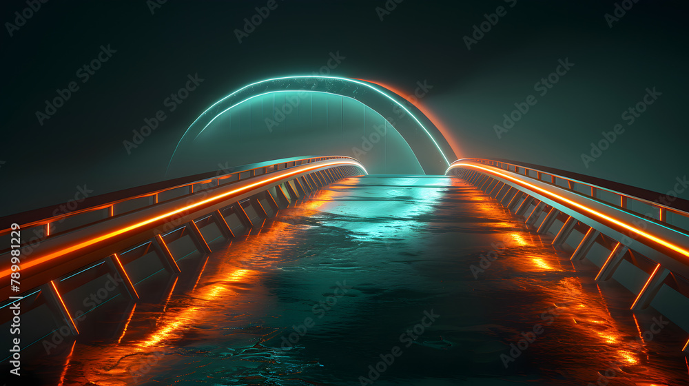 Poster a bridge with glowing rails. arching like a hilly terrain. the backdrop is inky black.