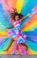 girl jumping in the air against a graffitti colored wall
