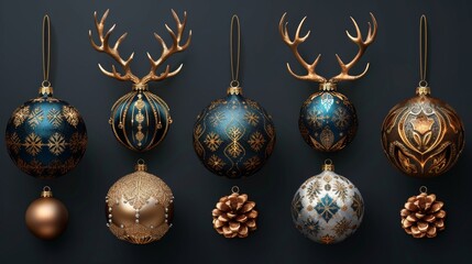 Antler, bauble ball, and a festive gradient gold winter leaf for a luxurious holiday cover template modern set. Use for cards, greetings cards, wallpaper, and posters.