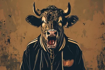 Foto op Plexiglas bull in a tracksuit on a brown background. powerful emotions. says the cry. generative ai © Alexander Odessa 