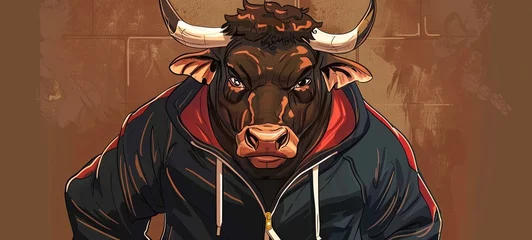 Rolgordijnen bull in a tracksuit on a brown background. powerful emotions. says the cry. generative ai © Alexander Odessa 