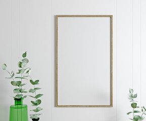 Frame, poster mock up in white living room with plants. Scandinavian interior, 3d rendering.