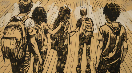 Fototapeta premium A bunch of teens intertwining fingers. standing in a square
