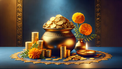 Akshaya tritiya background with a pot with gold coins and decoration. - obrazy, fototapety, plakaty