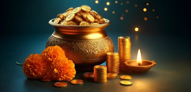 Beautiful akshaya tritiya background with a pot filled with gold coins.