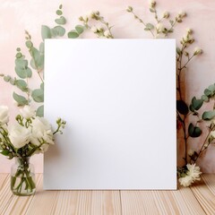 blank frame wedding signage greeting decoration mockup with no text with flowers in background.