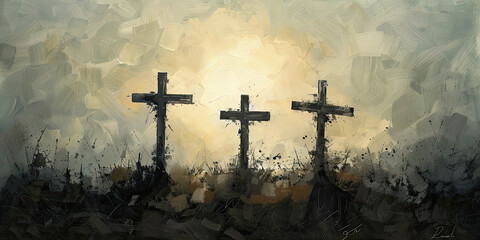 Three crosses in the pale sunlight - obrazy, fototapety, plakaty