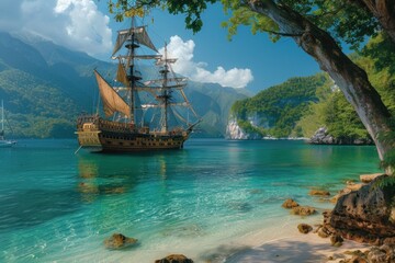 A large pirate ship, with sails unfurled, anchors in a tranquil Caribbean cove surrounded by lush greenery and a clear blue sky.