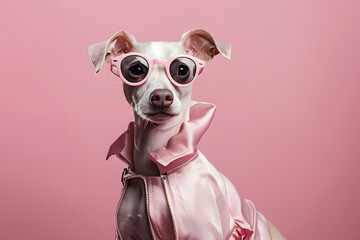 Portrait of a dog in pink dress and sunglasses.