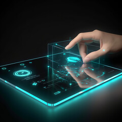 Holographic user interface floating above a sleek tablet, touch gestures by a user, modern computing