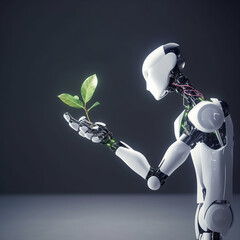 Sophisticated AI robot hand gently holding a small sprouting plant, symbolizing technology and nature harmony