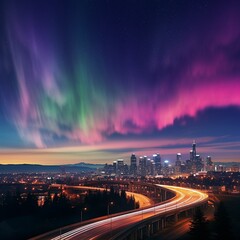 Aurora Artifact over commuting cityscape, wide lens, vibrant streaks, dusk, panoramic urban view, 