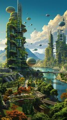 Eco-friendly future city, vertical farms and renewable energy sources, morning light, panoramic shot, vibrant,