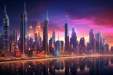 Fototapeta na wymiar Futuristic city skyline at dusk, neon lights reflecting off sleek buildings, wide-angle view, warm colors, 