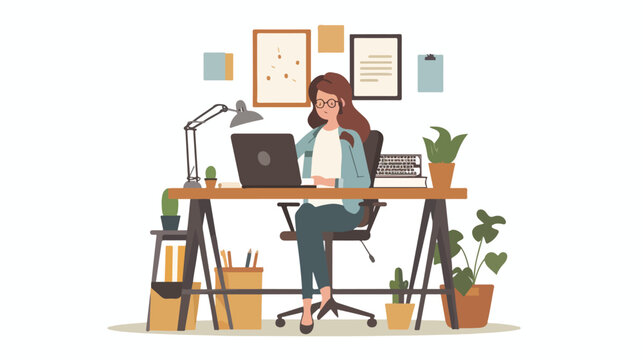 Young woman working at her office. Vector flat style