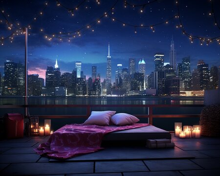 Movie night under the sky on skyscraper helipad, cozy, city lights backdrop, stars, romantic setting, 