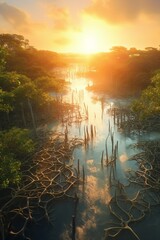 Sunrise over enchanted mangrove, soft golden hour light, drone perspective, 