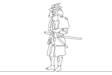 Fototapeta na wymiar One continuous line.Japanese samurai warrior in historical costume. Asian military national costume. Samurai in battle dress.Continuous line drawing.Line Art isolated white background.